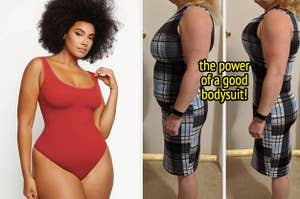 model in a red bodysuit / reviewer before and after wearing a bodysuit under a dress, showing how it smooths and lifts
