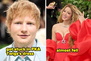 A closeup of Ed Sheeran vs Shakira at the 2024 Met Gala in a ruffly dress