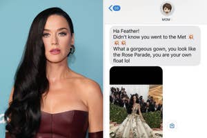 Katy Perry in a strapless gown at an event, alongside a text message reacting to her Met Gala look