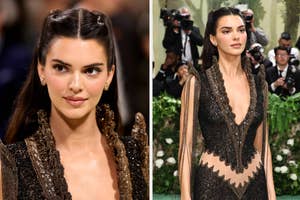 Kendall Jenner in a beaded, plunging neckline gown at an event with photographers in the background