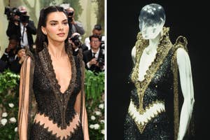 Kendall Jenner in a detailed black gown at an event, photographers in the background. Mannequin on the right displaying a vintage-style outfit