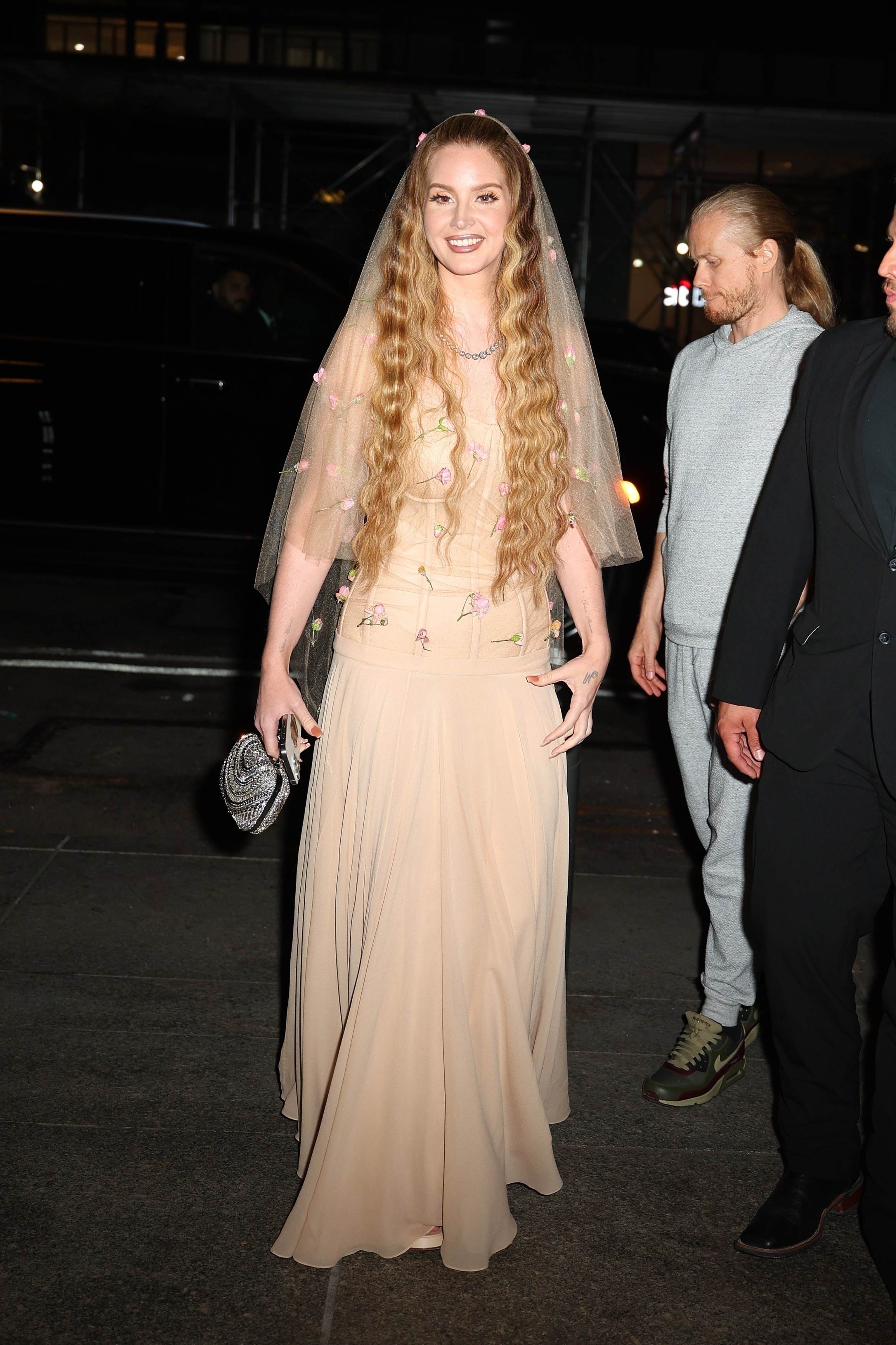 A woman with long wavy hair wearing a floor-length sheer dress with embellishments. Two persons visible in background