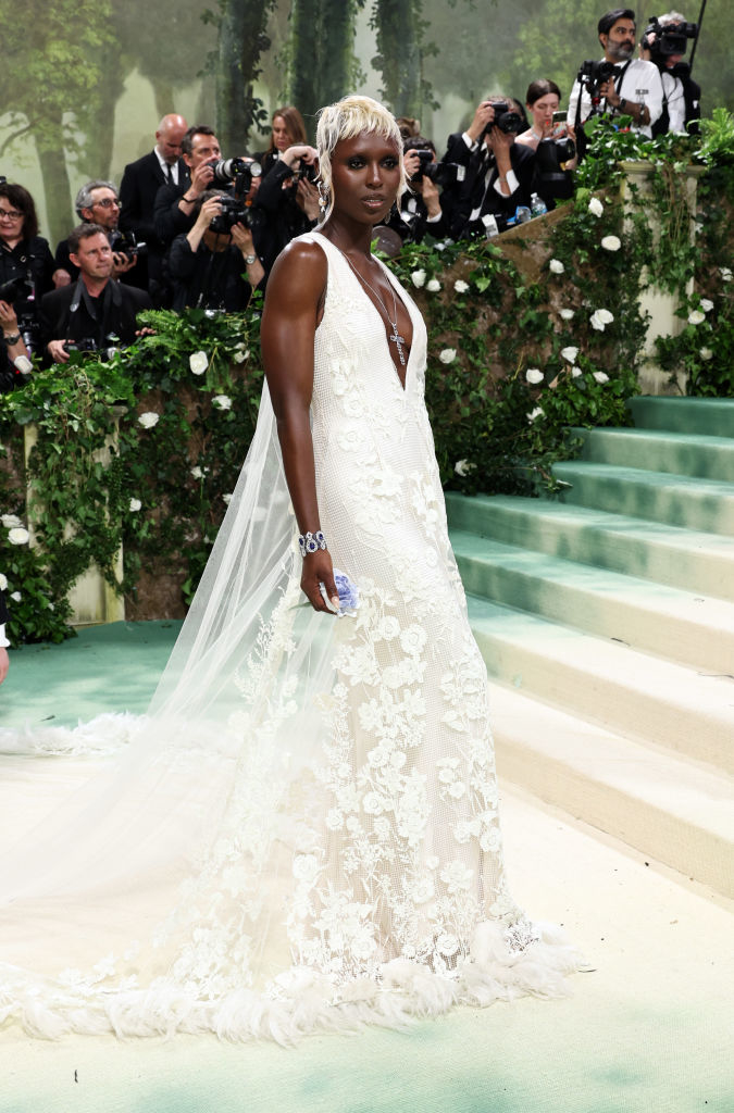 A person in a detailed white lace gown with a plunging neckline and a sheer veil on a staircase, photographers in the background