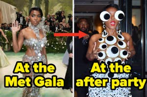 Two photos side-by-side, left photo features a woman in an elaborate, sparkly gown at the Met Gala, and the right photo shows her in a quirky, polka-dot outfit with large circular glasses at an after party