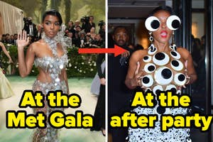 Two photos side-by-side, left photo features a woman in an elaborate, sparkly gown at the Met Gala, and the right photo shows her in a quirky, polka-dot outfit with large circular glasses at an after party