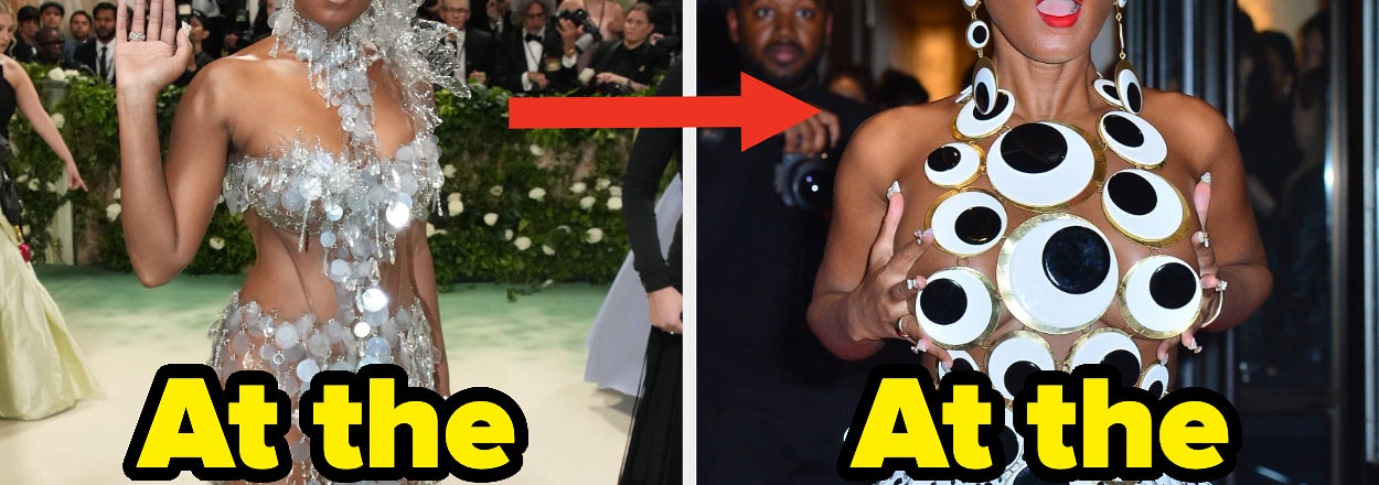 "Two photos comparing a celebrity's Met Gala outfit with their after-party attire."