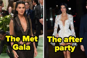 Kendall Jenner at two events, wearing a black dress at The Met Gala and a white lace outfit at the after party