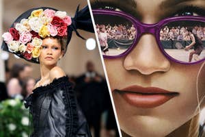 Model with floral headdress and black outfit on runway; close-up of woman's face in sunglasses reflecting tennis match