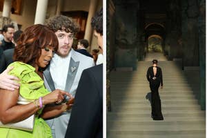 Two photos: Left shows two people conversing at an event, right features a person descending grand stairs