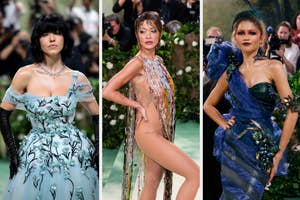 Three models in haute couture gowns with elaborate designs pose individually