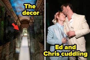 Two side-by-side photos; left shows a grand hallway with an arrow pointing to a decor detail, right features Ed and Chris in suits, embracing warmly