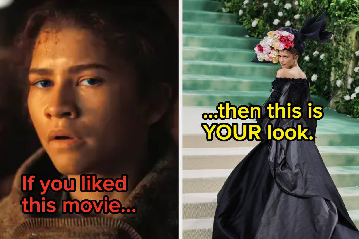 Zendaya on the left tied to text "If you liked this movie..." and Zendaya in a black gown on stairs with text "...then this is YOUR look."