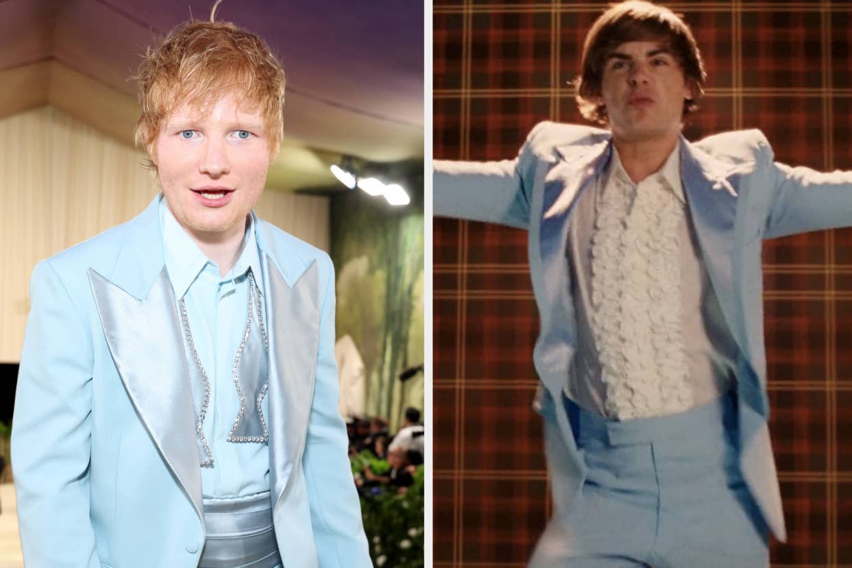 Two images side by side; left: Ed Sheeran in a light blue suit, right: an actor portraying a singer in a similar suit.
