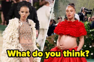 Two photos: left, a model in a fringed outfit; right, a celebrity in a red ruffled dress, both posing. Text asks for an opinion on the looks
