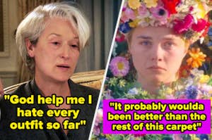 Split-screen image of Meryl Streep in character with caption rejecting outfits, and a character with floral headwear captioned with a red carpet reference