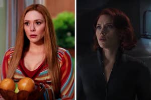 Split image of Wanda Maximoff in a retro outfit and Natasha Romanoff in a tactical suit from their respective Marvel films