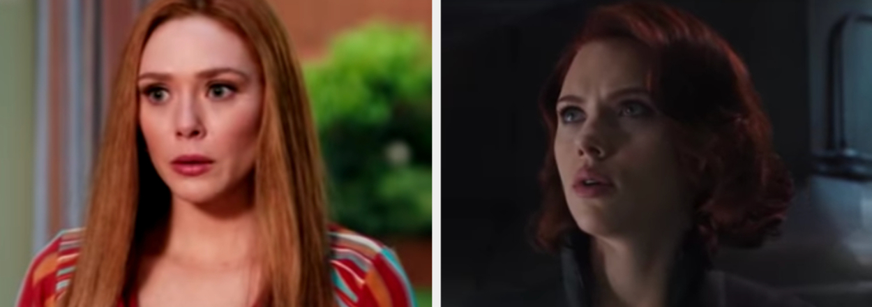 Split image of Wanda Maximoff in a retro outfit and Natasha Romanoff in a tactical suit from their respective Marvel films