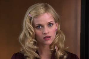 Reese Witherspoon as Elle Woods in a scene looking surprised