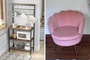 Left: A shelved kitchen cart with utensils and decor. Right: A pink scallop-backed accent chair
