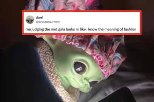 Meme of a Baby Yoda toy gazing at a smartphone, with a humorous tweet overlay about judging Met Gala fashion
