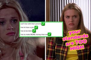 Screen capture of Cher from 'Clueless' with text about high relationship standards