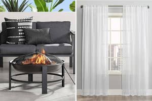 A split image featuring a modern firepit with seating on the left and sheer curtains on a window to the right