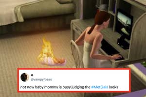 Screenshot from The Sims game showing a character in front of a TV with a tweet about the Met Gala displayed