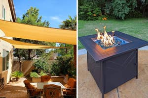 Left: reviewer's with a triangle shade over it / Right: reviewer's fire pit on backyard patio
