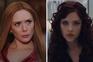 Side-by-side comparison of characters Wanda Maximoff and Natasha Romanoff from Marvel films