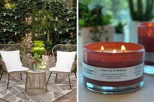 Two images side by side; left shows an outdoor seating area with two chairs, right displays a close-up of a lit scented candle