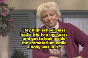 Woman smiling in a sitcom scene with a humorous caption about a school trip