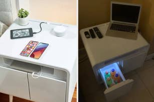 Desk with built-in storage displaying electronics and a hidden mini-fridge, illustrating space-saving furniture design