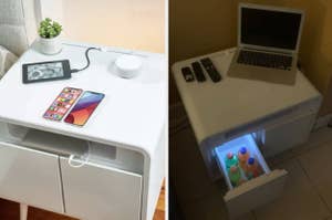 Desk with built-in storage displaying electronics and a hidden mini-fridge, illustrating space-saving furniture design