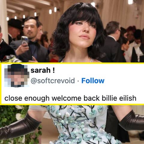 Celebrity in patterned dress with black gloves walking at an event, social media overlay with welcoming text for Billie Eilish