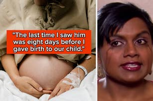 "The last time I saw him was eight days before I gave birth to our child" over a pregnant person in a hospital bed next to crying mindy kaling