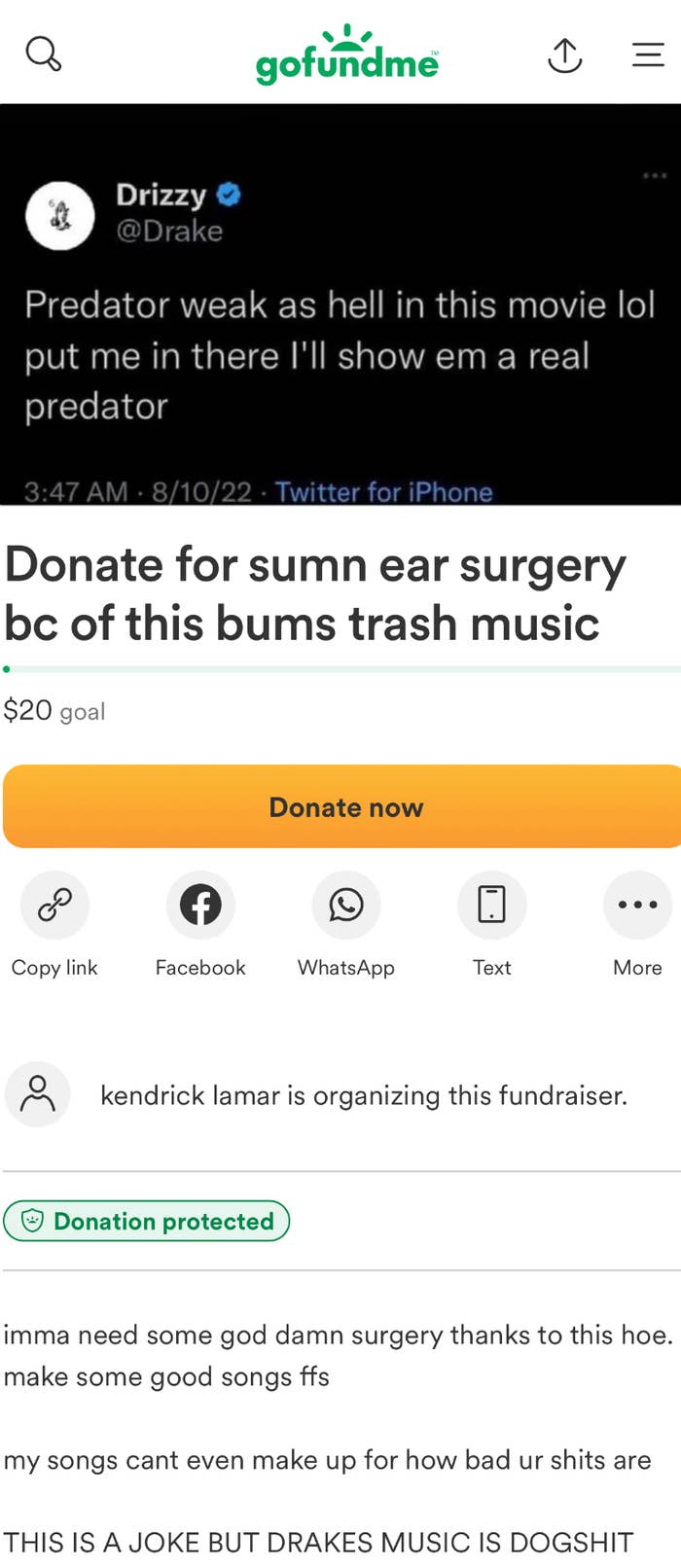 Summarized text: Social media posts joking about an ear surgery fundraiser; includes tweets from Drake and Kendrick Lamar parody accounts