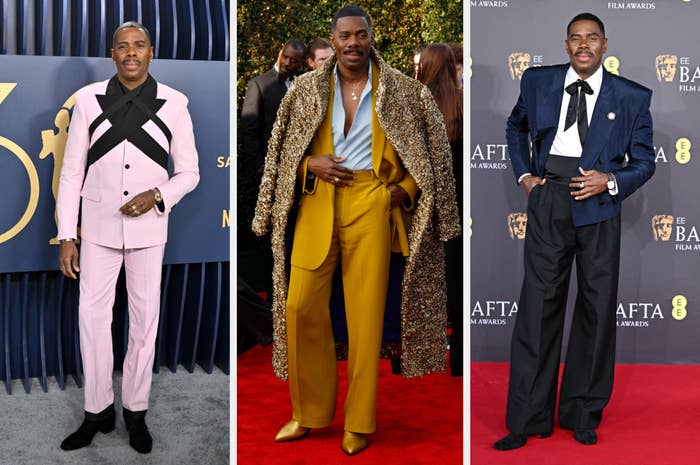 Side-by-side of Colman's red carpet looks
