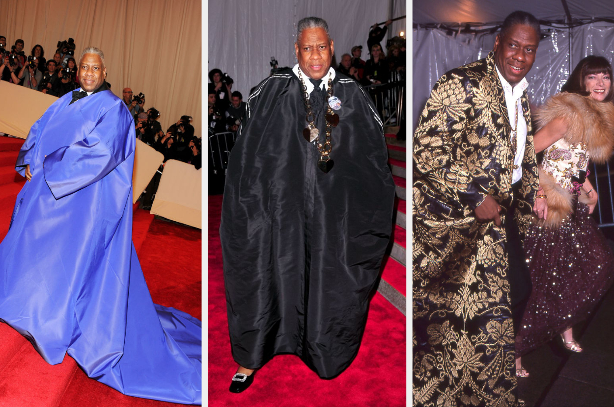Three separate photos of André Leon Talley at different events, showcasing his unique fashion choices