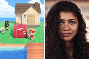 Animal Crossing game scene with a character and two animals; portrait of a Zendaya with curly hair