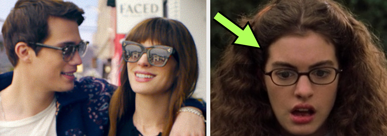 Two side-by-side photos of Anne Hathaway in different roles, one casual with sunglasses, the other in a school uniform