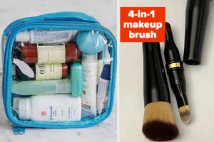 Multiple cosmetic items in a clear, zippered bag and a 4-in-1 makeup brush set