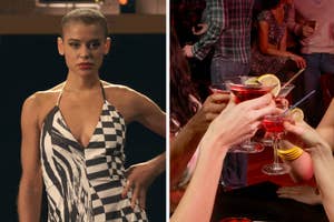 Left: Jordan Alexander in patterned dress looking intently. Right: Close-up of hands toasting with drinks