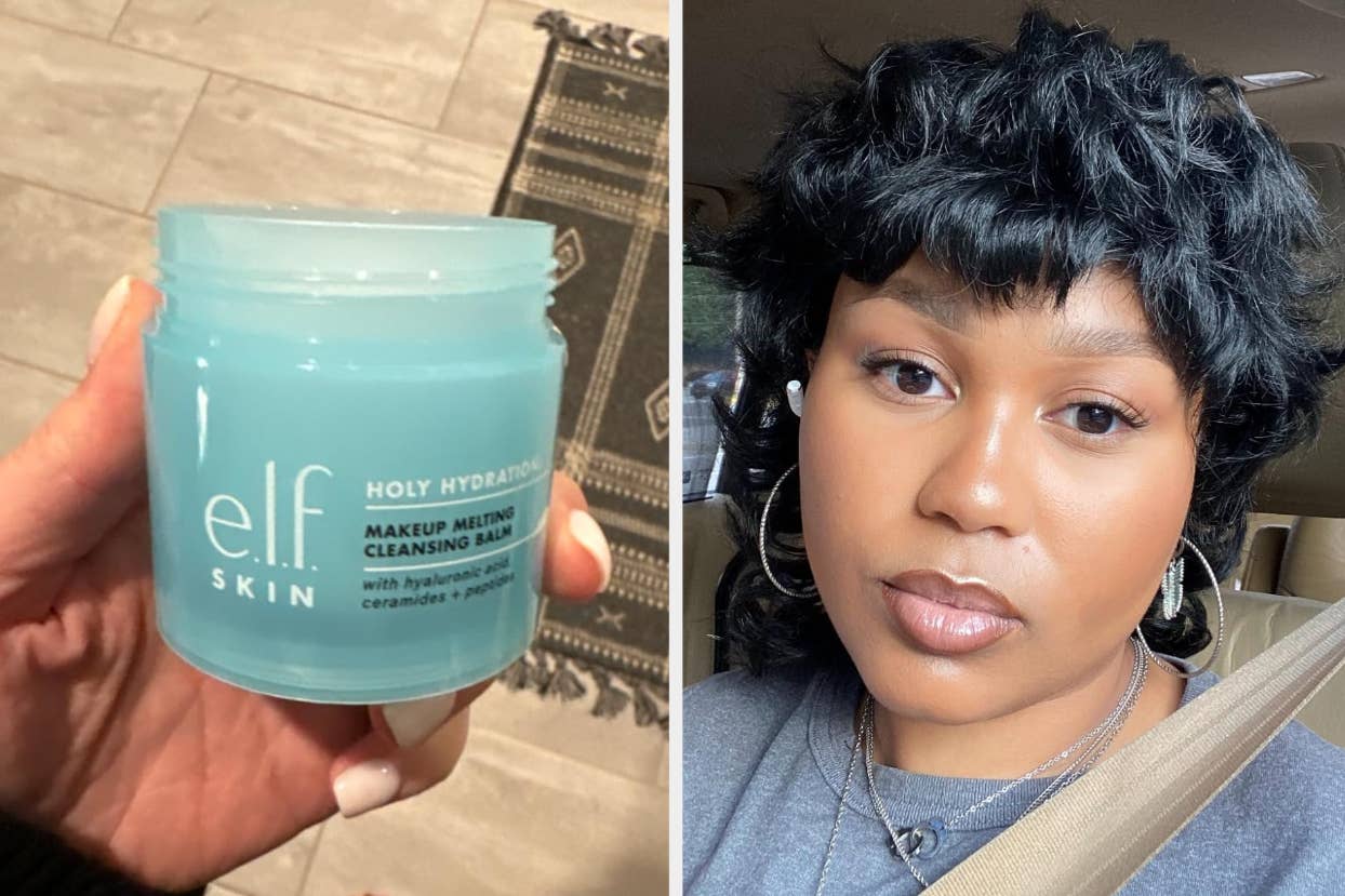 reviewer holds elf holy hydration cleansing balm / reviewer with glowy looking makeup