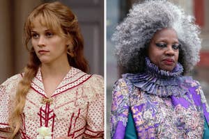 Reese Witherspoon in a historical costume and Viola Davis in a purple patterned dress with ruffled collar