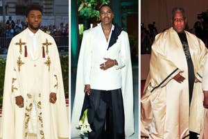 Three male celebrities at an event, each wearing unique avant-garde attire