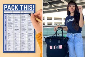 Person holding a travel packing checklist next to image of a person with tote bag and casual attire