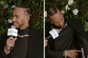 Lewis Hamilton in a black outfit with gold chains, speaking into a Vogue microphone