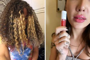 reviewer with long curly hair that looks defined and soft / reviewer holding a red lip oil and wearing it