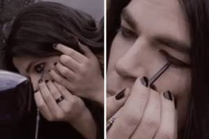 Two split scenes of a person applying eyeliner, focusing on their eyes and hands