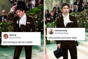 Man in top hat and velvet suit at an event, with tweets comparing his look to Willy Wonka